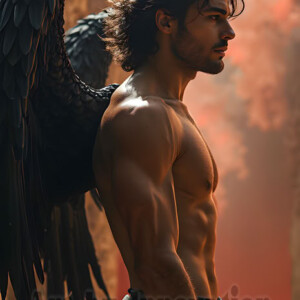 In this gallery, AI-generated dark angels handsome fallen angels with massive black and silver wings in gothic atmospheric settings. UHD digital art collection.