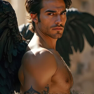 In this gallery, AI-generated dark angels handsome fallen angels with massive black and silver wings in gothic atmospheric settings. UHD digital art collection.