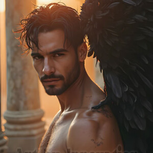 In this gallery, AI-generated dark angels handsome fallen angels with massive black and silver wings in gothic atmospheric settings. UHD digital art collection.