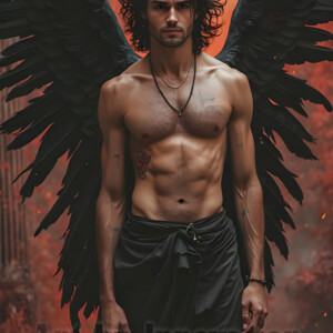 In this gallery, AI-generated dark angels handsome fallen angels with massive black and silver wings in gothic atmospheric settings. UHD digital art collection.