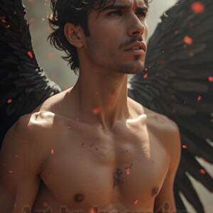 In this gallery, AI-generated dark angels handsome fallen angels with massive black and silver wings in gothic atmospheric settings. UHD digital art collection.