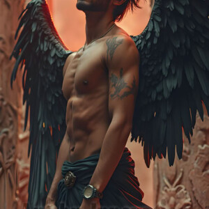 In this gallery, AI-generated dark angels handsome fallen angels with massive black and silver wings in gothic atmospheric settings. UHD digital art collection.
