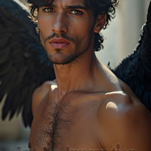 In this gallery, AI-generated dark angels handsome fallen angels with massive black and silver wings in gothic atmospheric settings. UHD digital art collection.