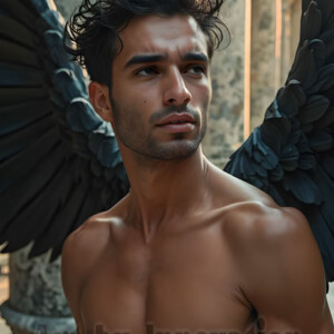 In this gallery, AI-generated dark angels handsome fallen angels with massive black and silver wings in gothic atmospheric settings. UHD digital art collection.