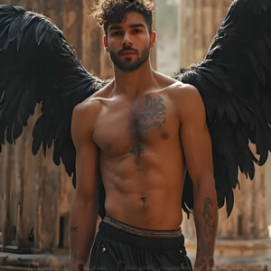In this gallery, AI-generated dark angels handsome fallen angels with massive black and silver wings in gothic atmospheric settings. UHD digital art collection.