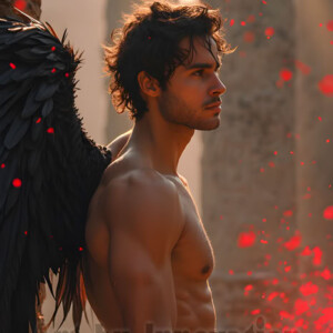 In this gallery, AI-generated dark angels handsome fallen angels with massive black and silver wings in gothic atmospheric settings. UHD digital art collection.