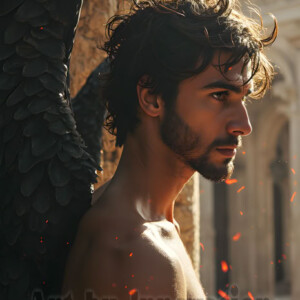 In this gallery, AI-generated dark angels handsome fallen angels with massive black and silver wings in gothic atmospheric settings. UHD digital art collection.