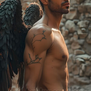 In this gallery, AI-generated dark angels handsome fallen angels with massive black and silver wings in gothic atmospheric settings. UHD digital art collection.