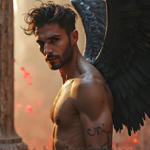 In this gallery, AI-generated dark angels handsome fallen angels with massive black and silver wings in gothic atmospheric settings. UHD digital art collection.