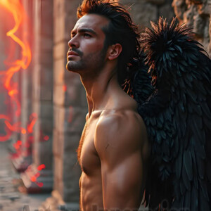 In this gallery, AI-generated dark angels handsome fallen angels with massive black and silver wings in gothic atmospheric settings. UHD digital art collection.