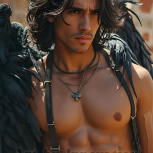 In this gallery, AI-generated dark angels handsome fallen angels with massive black and silver wings in gothic atmospheric settings. UHD digital art collection.