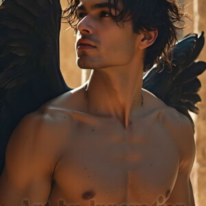 In this gallery, AI-generated dark angels handsome fallen angels with massive black and silver wings in gothic atmospheric settings. UHD digital art collection.