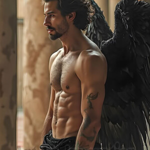 In this gallery, AI-generated dark angels handsome fallen angels with massive black and silver wings in gothic atmospheric settings. UHD digital art collection.