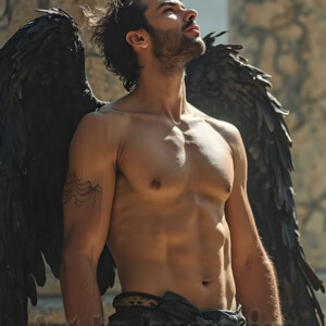 In this gallery, AI-generated dark angels handsome fallen angels with massive black and silver wings in gothic atmospheric settings. UHD digital art collection.