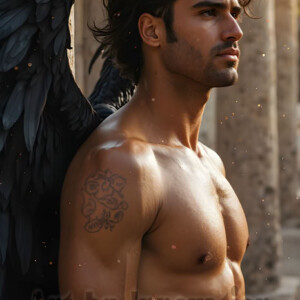 In this gallery, AI-generated dark angels handsome fallen angels with massive black and silver wings in gothic atmospheric settings. UHD digital art collection.