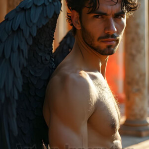 In this gallery, AI-generated dark angels handsome fallen angels with massive black and silver wings in gothic atmospheric settings. UHD digital art collection.