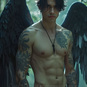 In this gallery, AI-generated dark angels handsome fallen angels with massive black and silver wings in gothic atmospheric settings. UHD digital art collection.