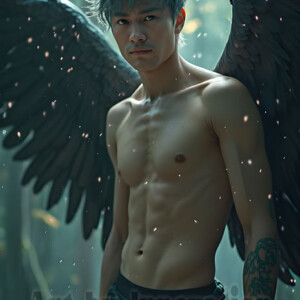 In this gallery, AI-generated dark angels handsome fallen angels with massive black and silver wings in gothic atmospheric settings. UHD digital art collection.