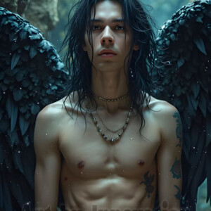 In this gallery, AI-generated dark angels handsome fallen angels with massive black and silver wings in gothic atmospheric settings. UHD digital art collection.
