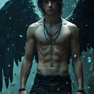 In this gallery, AI-generated dark angels handsome fallen angels with massive black and silver wings in gothic atmospheric settings. UHD digital art collection.