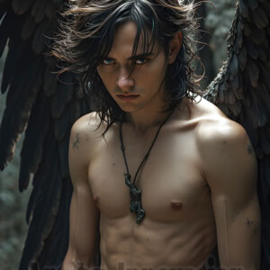 In this gallery, AI-generated dark angels handsome fallen angels with massive black and silver wings in gothic atmospheric settings. UHD digital art collection.