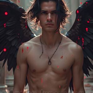In this gallery, AI-generated dark angels handsome fallen angels with massive black and silver wings in gothic atmospheric settings. UHD digital art collection.