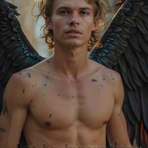 In this gallery, AI-generated dark angels handsome fallen angels with massive black and silver wings in gothic atmospheric settings. UHD digital art collection.