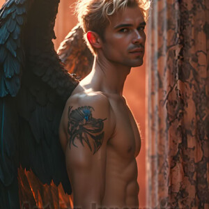 In this gallery, AI-generated dark angels handsome fallen angels with massive black and silver wings in gothic atmospheric settings. UHD digital art collection.