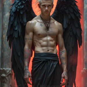 In this gallery, AI-generated dark angels handsome fallen angels with massive black and silver wings in gothic atmospheric settings. UHD digital art collection.