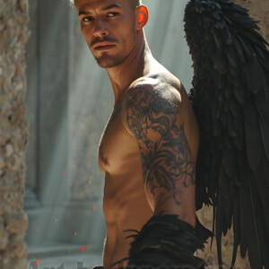 In this gallery, AI-generated dark angels handsome fallen angels with massive black and silver wings in gothic atmospheric settings. UHD digital art collection.