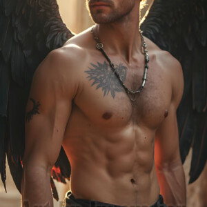 In this gallery, AI-generated dark angels handsome fallen angels with massive black and silver wings in gothic atmospheric settings. UHD digital art collection.