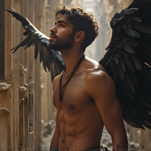 In this gallery, AI-generated dark angels handsome fallen angels with massive black and silver wings in gothic atmospheric settings. UHD digital art collection.