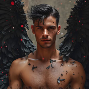 In this gallery, AI-generated dark angels handsome fallen angels with massive black and silver wings in gothic atmospheric settings. UHD digital art collection.