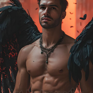 In this gallery, AI-generated dark angels handsome fallen angels with massive black and silver wings in gothic atmospheric settings. UHD digital art collection.