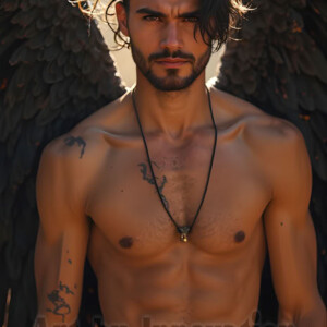 In this gallery, AI-generated dark angels handsome fallen angels with massive black and silver wings in gothic atmospheric settings. UHD digital art collection.