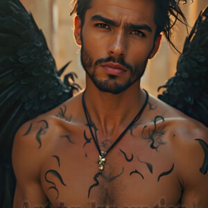 In this gallery, AI-generated dark angels handsome fallen angels with massive black and silver wings in gothic atmospheric settings. UHD digital art collection.