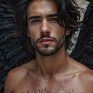 In this gallery, AI-generated dark angels handsome fallen angels with massive black and silver wings in gothic atmospheric settings. UHD digital art collection.