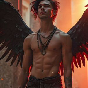 In this gallery, AI-generated dark angels handsome fallen angels with massive black and silver wings in gothic atmospheric settings. UHD digital art collection.