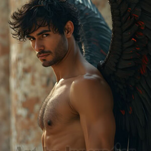 In this gallery, AI-generated dark angels handsome fallen angels with massive black and silver wings in gothic atmospheric settings. UHD digital art collection.