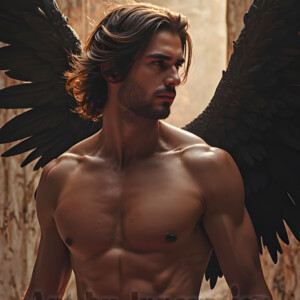In this gallery, AI-generated dark angels handsome fallen angels with massive black and silver wings in gothic atmospheric settings. UHD digital art collection.