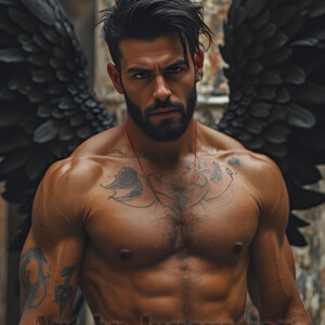 In this gallery, AI-generated dark angels handsome fallen angels with massive black and silver wings in gothic atmospheric settings. UHD digital art collection.