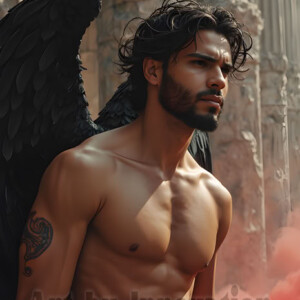 In this gallery, AI-generated dark angels handsome fallen angels with massive black and silver wings in gothic atmospheric settings. UHD digital art collection.