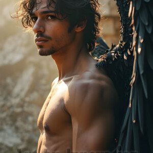 In this gallery, AI-generated dark angels handsome fallen angels with massive black and silver wings in gothic atmospheric settings. UHD digital art collection.