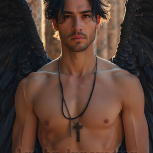 In this gallery, AI-generated dark angels handsome fallen angels with massive black and silver wings in gothic atmospheric settings. UHD digital art collection.