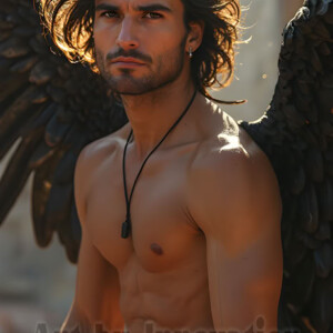 In this gallery, AI-generated dark angels handsome fallen angels with massive black and silver wings in gothic atmospheric settings. UHD digital art collection.