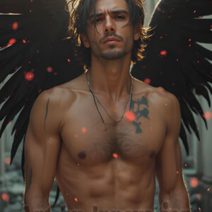 In this gallery, AI-generated dark angels handsome fallen angels with massive black and silver wings in gothic atmospheric settings. UHD digital art collection.