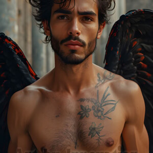 In this gallery, AI-generated dark angels handsome fallen angels with massive black and silver wings in gothic atmospheric settings. UHD digital art collection.
