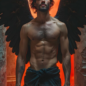 In this gallery, AI-generated dark angels handsome fallen angels with massive black and silver wings in gothic atmospheric settings. UHD digital art collection.