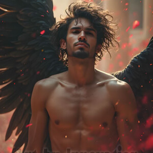 In this gallery, AI-generated dark angels handsome fallen angels with massive black and silver wings in gothic atmospheric settings. UHD digital art collection.