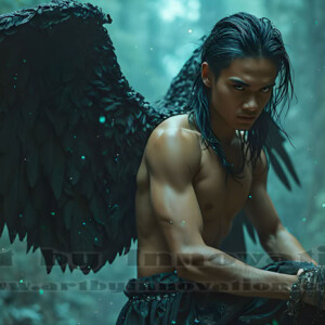 In this gallery, AI-generated dark angels handsome fallen angels with massive black and silver wings in gothic atmospheric settings. UHD digital art collection.